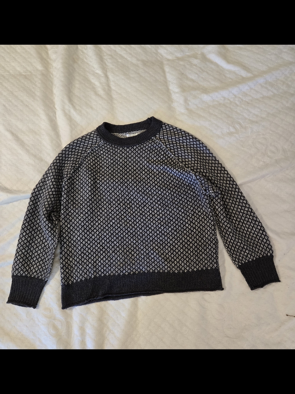 Men's Black and White Patterned Crewneck Sweater
